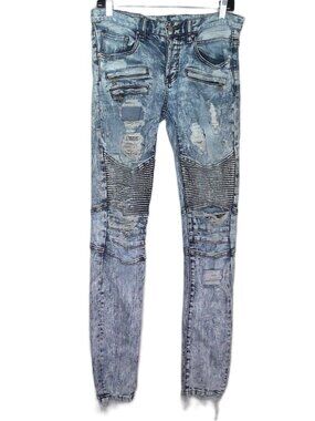 Dope Jeans Distressed Destroyed Acid Washed Moto Mid-Rise Skinny 8 Pocket  Sz 28